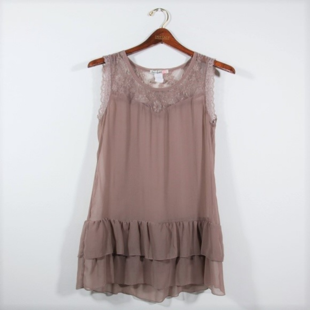 3/$15 Love Squared Sheer Lace Ruffled Top Sleeveless Longline Brown Tan Size XS